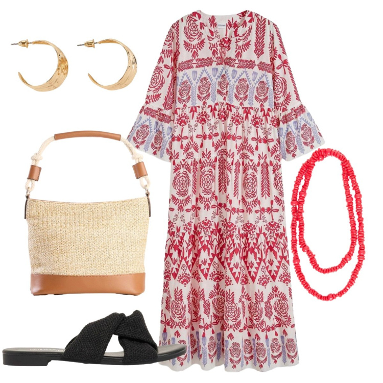 Outfit donna - Cena a Mykonos. Stile Boho per Mare. Abbinamento con vestiti lunghi, sandali, orecchini, borse a mano, collane.