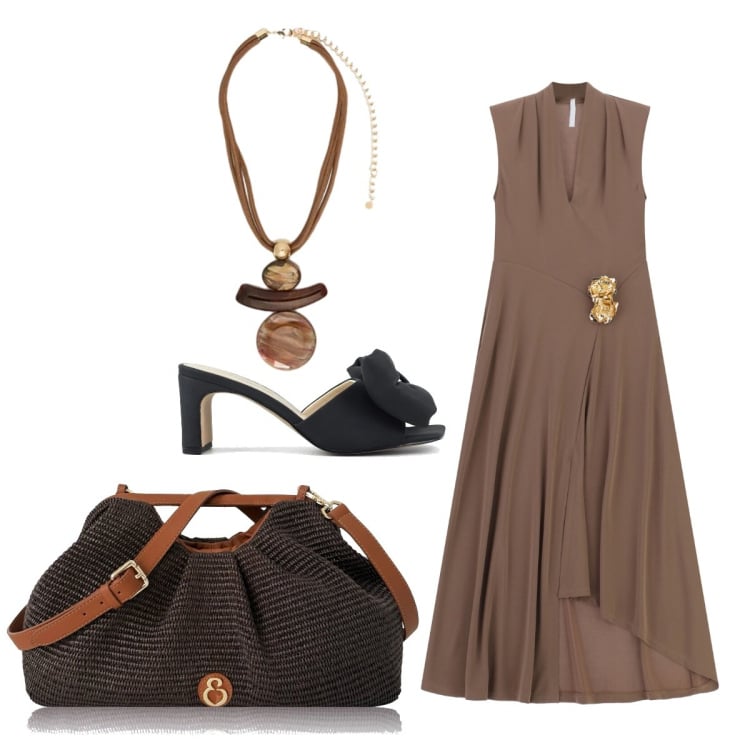 Outfit donna - Cena al ristorante. Stile Chic per Serata fuori. Abbinamento con clutch, ciondoli, vestiti midi/longuette, sandali col tacco.