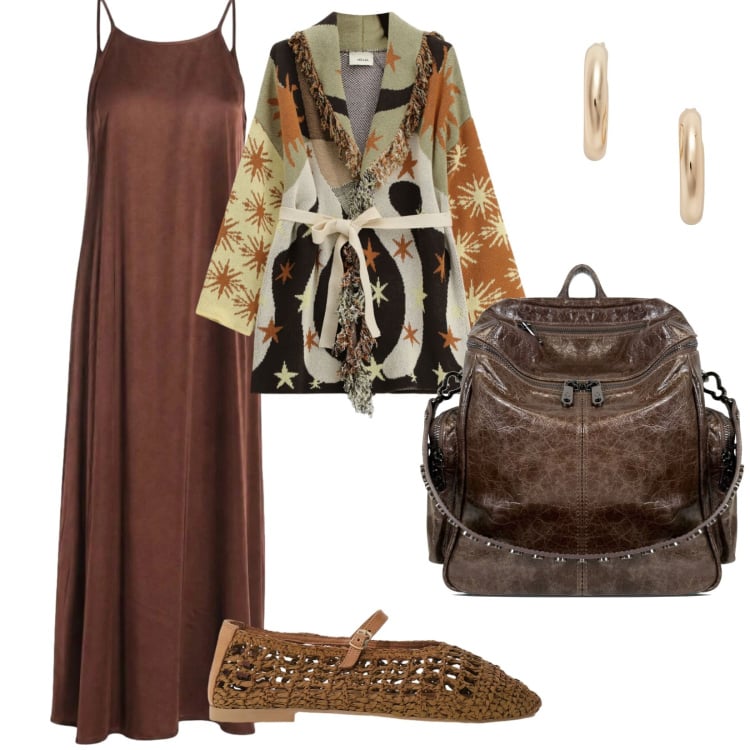 Outfit donna - Si va in vacanza. per Tutti i giorni. Abbinamento con vestiti lunghi, zaini, orecchini, cardigans, ballerine.