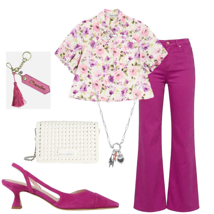 Outfit donna - Città. Stile Casual per Tutti i giorni. Abbinamento con décolleté, pantaloni, borse a tracolla, portachiavi, ciondoli, camicie a manica corta.