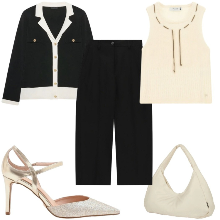 Outfit donna - Aperitivo d’estate - chic. Stile Chic per Serata fuori. Abbinamento con décolleté, pantaloni, top, cardigans, borse a spalla.