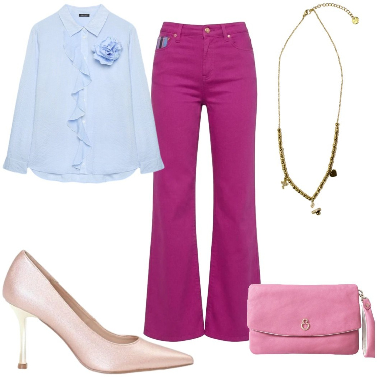 Outfit donna - Aperitivo d’estate - 70s. Stile 70s per Serata fuori. Abbinamento con pantaloni, pochette, ciondoli, camicie, décolleté.