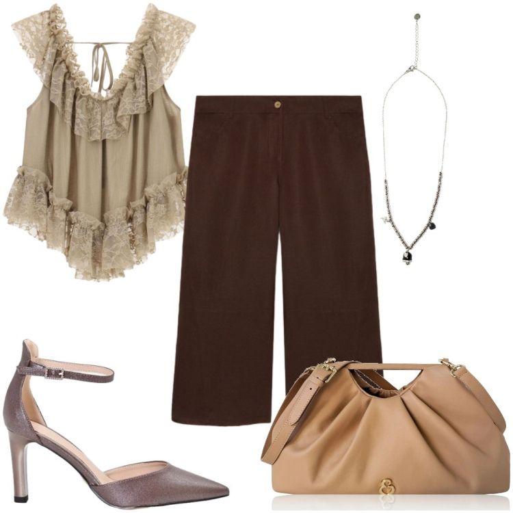 Outfit donna - Aperitivo d’estate - boho. Stile Boho per Serata fuori. Abbinamento con clutch, ciondoli, pantaloni, top, décolleté.