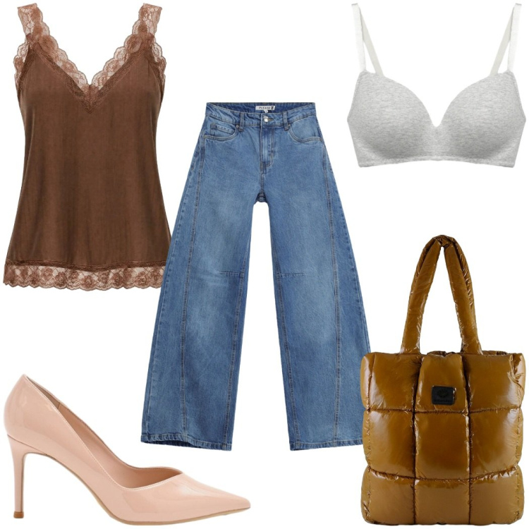 Outfit donna - Total look #2440516. Stile Casual chic per Tutti i giorni. Abbinamento con canottiere, reggiseni, shopping bag, jeans, décolleté.