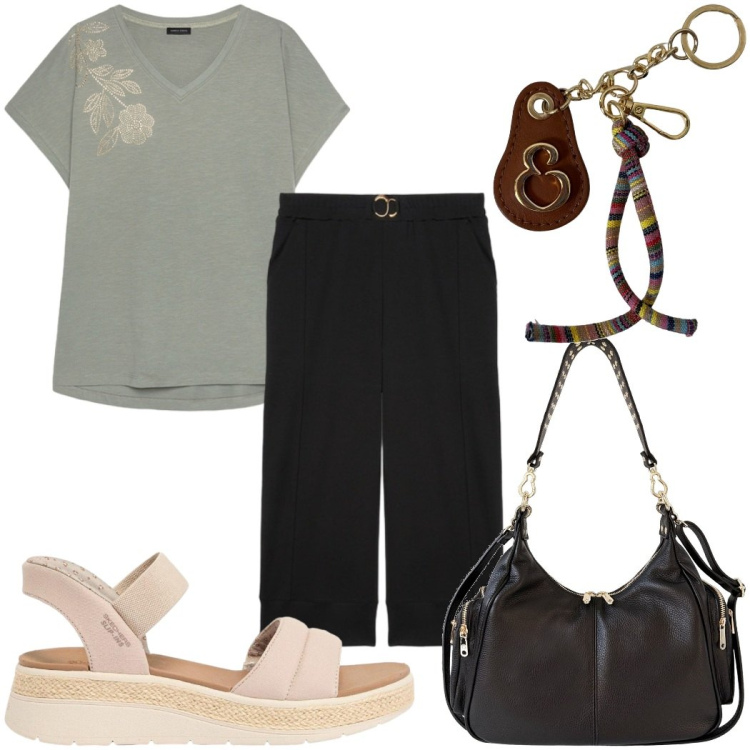 Outfit donna - Total look #2440518. Stile Casual per Tutti i giorni. Abbinamento con sandali, borse a spalla, portachiavi, pantaloni, t-shirt.