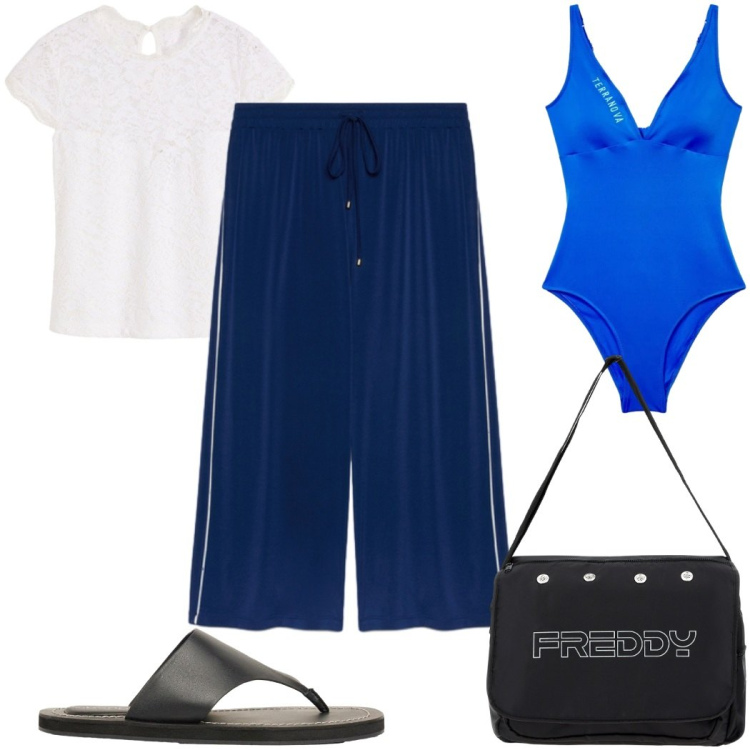 Outfit donna - Total look #2440519. Stile Basic per Mare. Abbinamento con infradito, camicie, costumi interi, borse messenger, pantaloni.