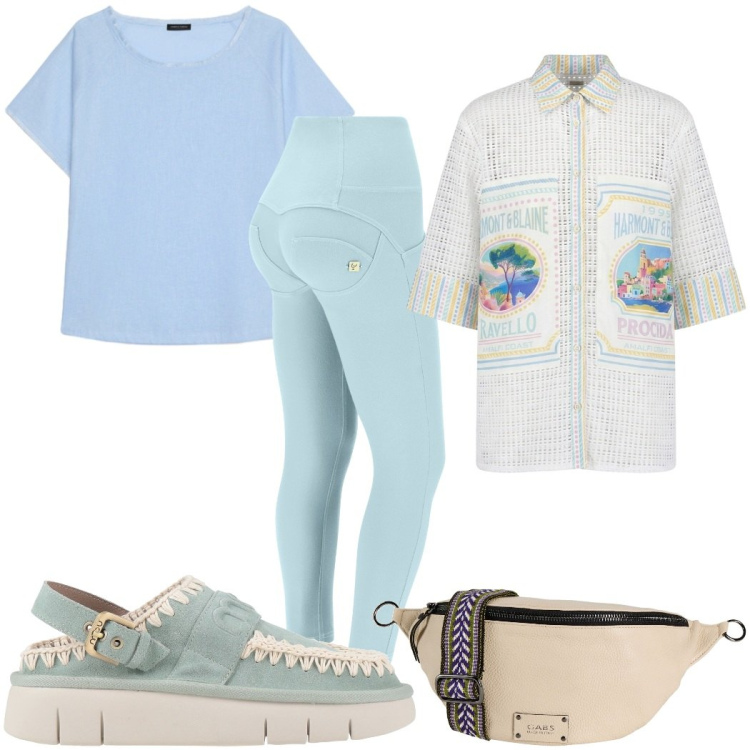 Outfit donna - Total look #2440522. Stile Trendy per Tutti i giorni. Abbinamento con marsupi, décolleté, camicie a manica corta, pantaloni skinny, t-shirt.