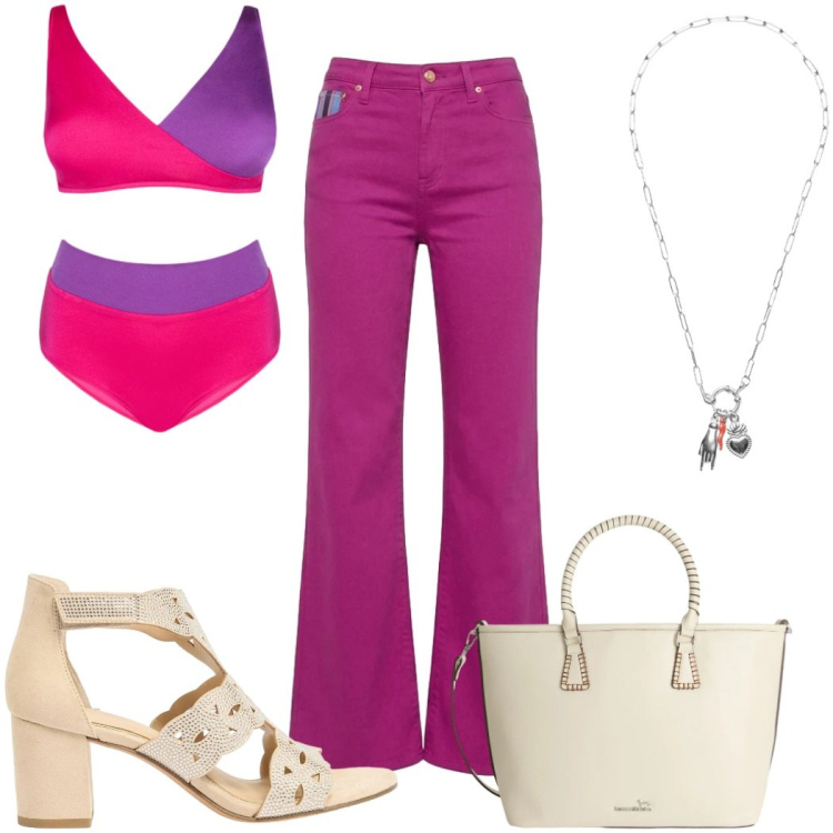Outfit donna - Total look #2440524. Stile 70s per Mare. Abbinamento con sandali col tacco, shopping bag, pantaloni, ciondoli, bikini.