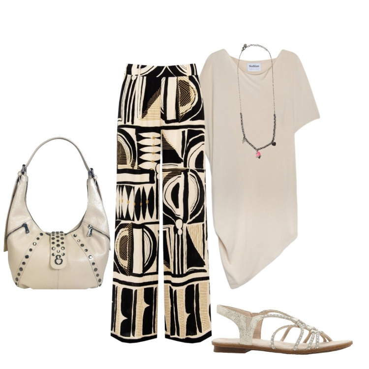 Outfit donna - In città. Stile Minimal per Tutti i giorni. Abbinamento con sandali, borse a spalla, ciondoli, maglieria, pantaloni a palazzo.