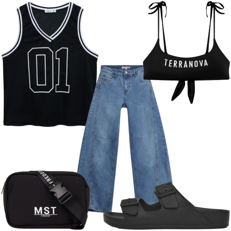 Outfit donna - Total look #2440528. Stile Casual per Mare. Abbinamento con bikini, ciabatte, canottiere, jeans, borse sportive.