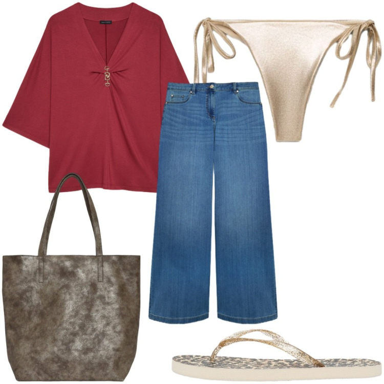 Outfit donna - Total look #2440533. Stile Trendy per Mare. Abbinamento con shopping bag, infradito, bikini, jeans, t-shirt.