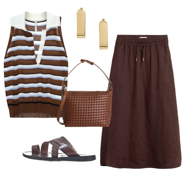 Outfit donna - Terra e mare. Stile Casual chic per Tutti i giorni. Abbinamento con gonne lunghe, borse a spalla, orecchini, top, ciabatte.