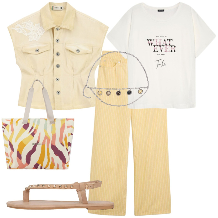 Outfit donna - Sporty. Stile Casual per Tutti i giorni. Abbinamento con pantaloni, cinture, ciabatte, blazer, t-shirt, shopping bag.