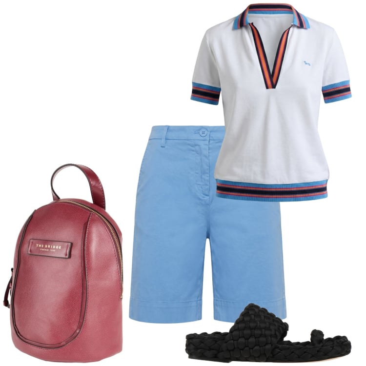 Outfit donna - In città. Stile Casual per Tutti i giorni. Abbinamento con zaini, ciabatte, polo, bermuda.