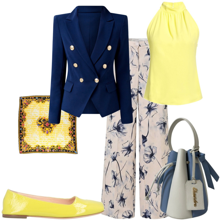 Outfit donna - Chic in città. Stile Chic per Tutti i giorni. Abbinamento con ballerine, sciarpe, top, borse a secchiello, blazer, pantaloni a palazzo.