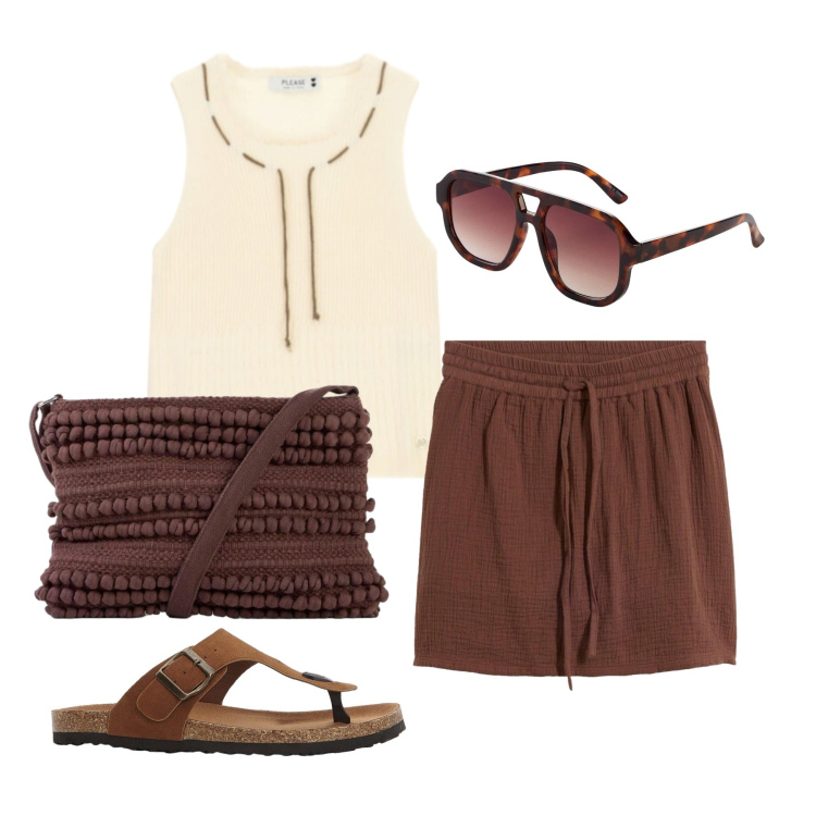 Outfit donna - Luglio. Stile Casual chic per Tutti i giorni. Abbinamento con gonne, infradito, occhiali da sole, borse a tracolla, top.