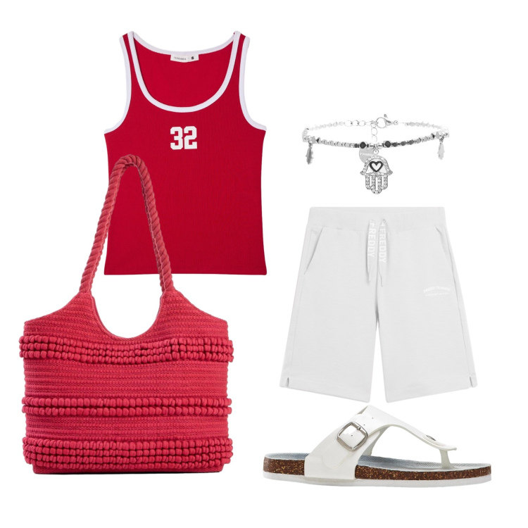 Outfit donna - Luglio. Stile Sporty chic per Tutti i giorni. Abbinamento con shopping bag, infradito, canottiere, braccialetti, pantaloni corti.
