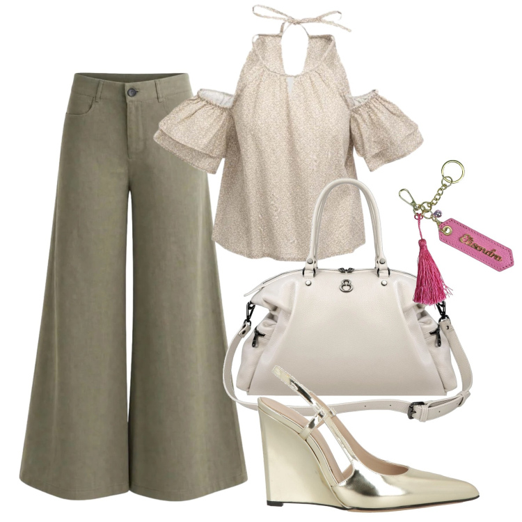 Outfit donna - Luglio. Stile Trendy per Tutti i giorni. Abbinamento con décolleté, pantaloni a palazzo, top, shopping bag, portachiavi.