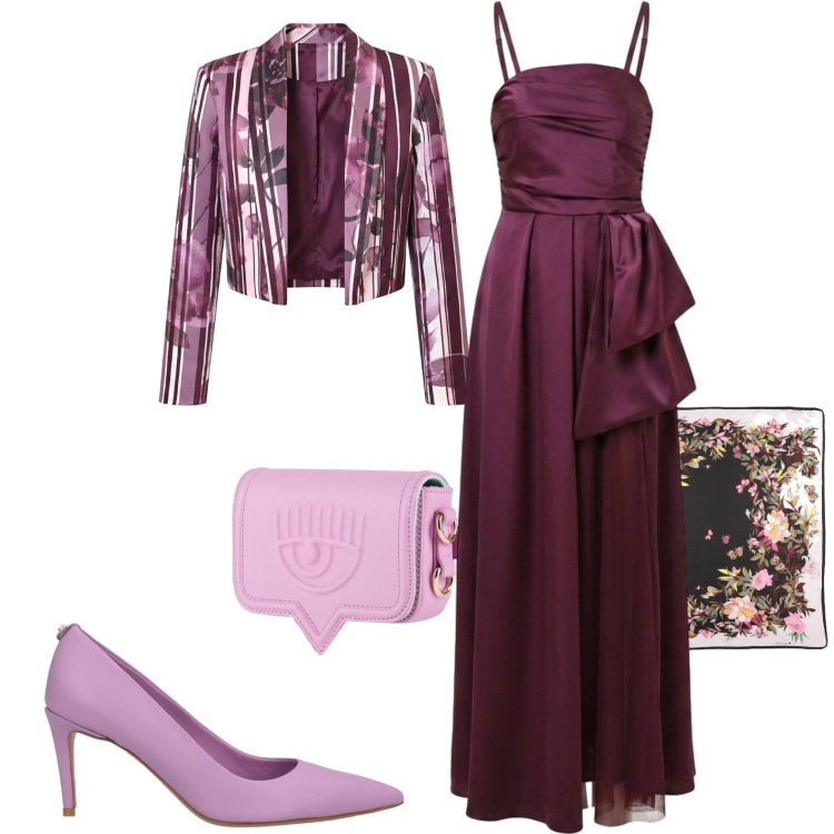 Outfit donna - Chic. Stile Chic per Cerimonia. Abbinamento con marsupi, sciarpe, décolleté, vestiti lunghi, blazer.