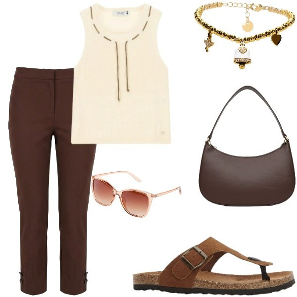 Outfit donna - Estate. Stile Casual per Tutti i giorni. Abbinamento con occhiali da sole, infradito, borse a tracolla, pantaloni, top, braccialetti.