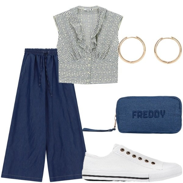 Outfit donna - Andiamo a fare shopping. Stile Casual per Tutti i giorni. Abbinamento con sneakers, orecchini, camicie, pantaloni a palazzo, pochette.