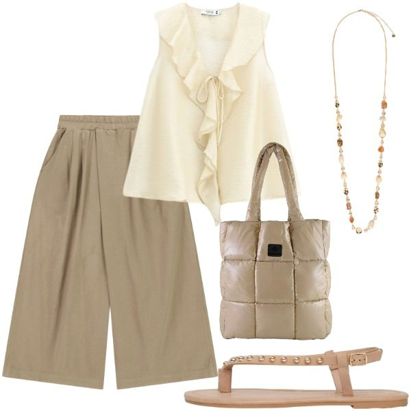 Outfit donna - Estate. Stile Casual per Tutti i giorni. Abbinamento con ciabatte, collane, shopping bag, top, pantaloni a palazzo.