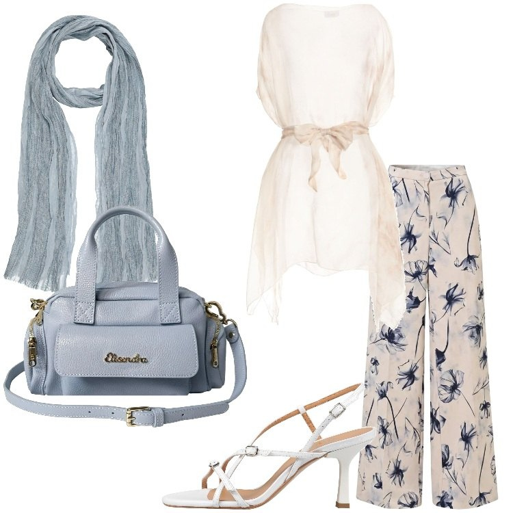 Outfit donna - Aperitivo d’estate Donna Curvy. Stile Chic per Serata fuori. Abbinamento con top, sciarpe, sandali in pelle, borse a mano, pantaloni a palazzo.