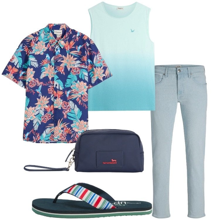 Outfit uomo - Denim leggero. Stile Trendy per Tutti i giorni. Abbinamento con jeans slim fit, canottiere, camicie a manica corta, borse sportive, sandali.
