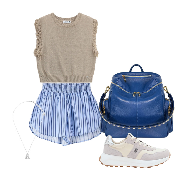 Outfit donna - Luglio. Stile Sporty chic per Tutti i giorni. Abbinamento con zaini, shorts, ciondoli, top, sneakers.