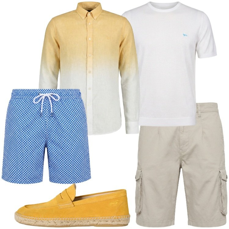 Outfit uomo - Valigia uomo per le vacanze. Stile Trendy per Mare. Abbinamento con bermuda, costumi, t-shirt, espadrillas, camicie.