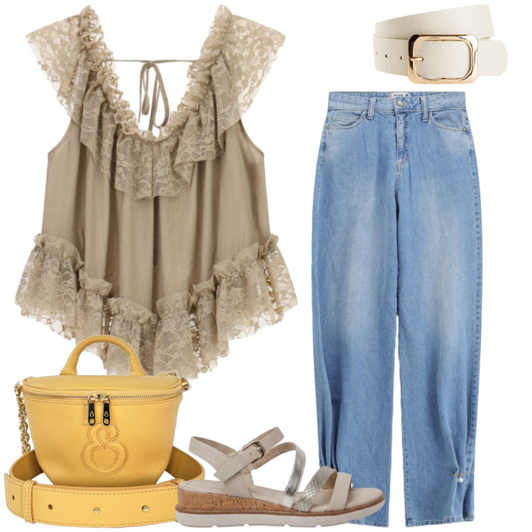 Outfit donna - Total look #2440563. Stile Casual chic per Tutti i giorni. Abbinamento con cinture, sandali, borse a tracolla, jeans, top.