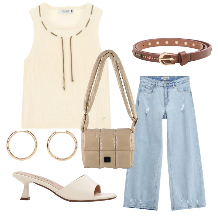 Outfit donna - Total look #2440567. Stile Casual chic per Tutti i giorni. Abbinamento con sandali, orecchini, cinture, borse a spalla, jeans, top.