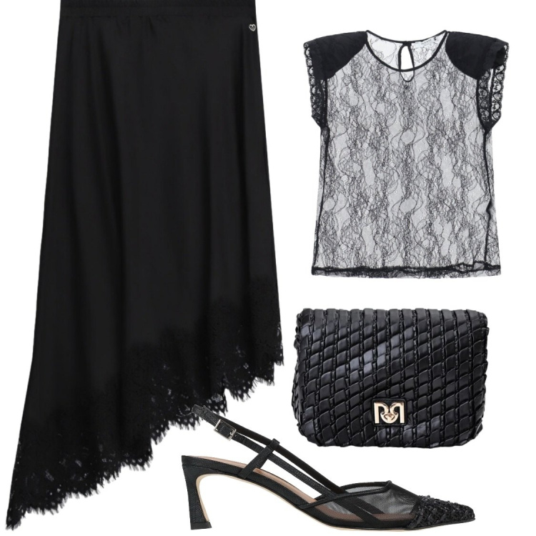 Outfit donna - Eventi. Stile Chic per Serata fuori. Abbinamento con décolleté, borse a tracolla, top, gonne longuette.