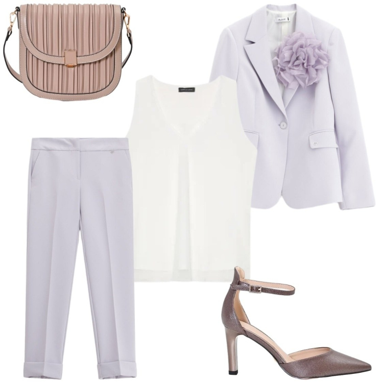 Outfit donna - Eventi. Stile Chic per Cerimonia. Abbinamento con borse a tracolla, décolleté, blazer, pantaloni, top.