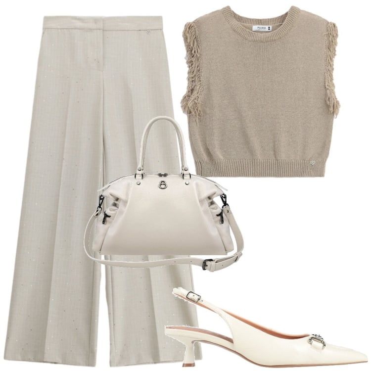 Outfit donna - Top versatili. Stile Chic per Ufficio. Abbinamento con décolleté, shopping bag, top, pantaloni a palazzo.