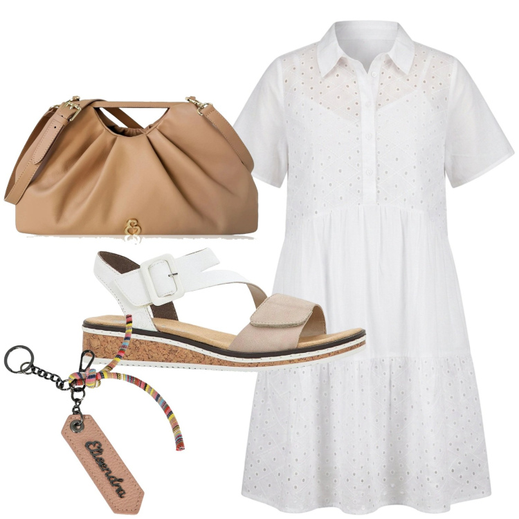 Outfit donna - Valigia per le vacanze. Stile Glamour per Tutti i giorni. Abbinamento con sandali, clutch, portachiavi, vestiti corti.