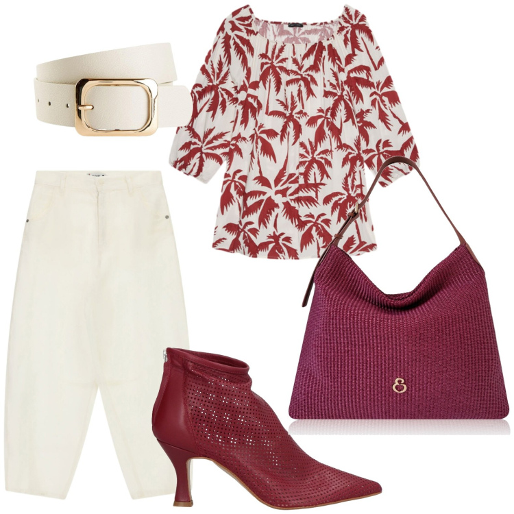 Outfit donna - Stampe che illuminano. Stile Casual per Tutti i giorni. Abbinamento con stivaletti, cinture, borse a spalla, bluse, pantaloni.