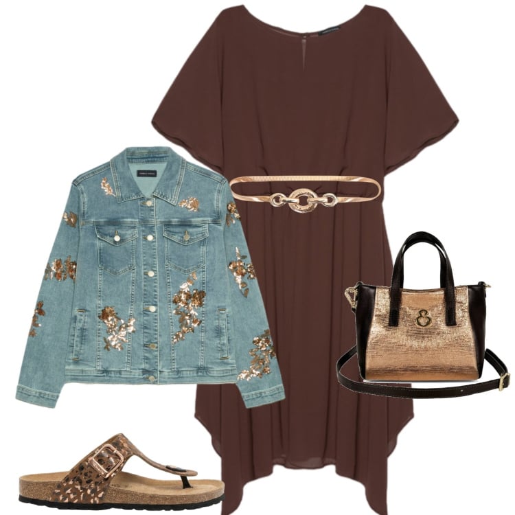 Outfit donna - Casual chic serata. Stile Casual chic per Serata fuori. Abbinamento con infradito, borse a mano, blazer, vestiti midi/longuette, cinture.