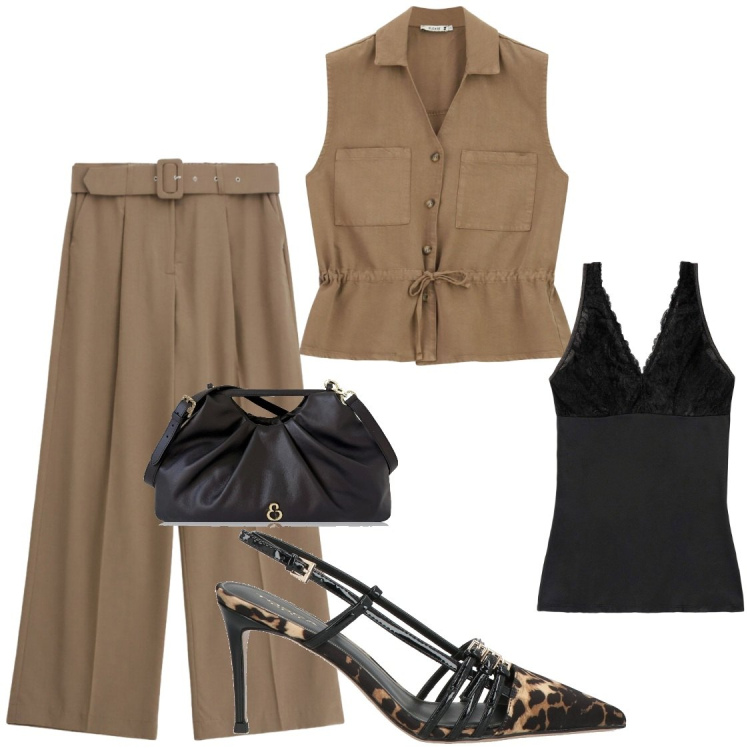 Outfit donna - Safari glamour. Stile Chic per Serata fuori. Abbinamento con décolleté, top, clutch, pantaloni a palazzo, gilet.