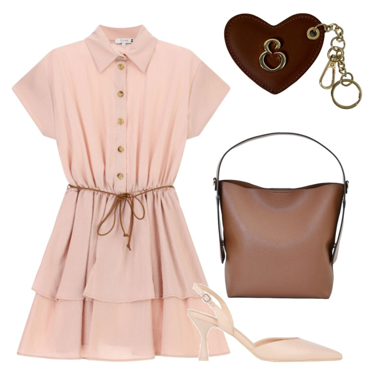 Outfit donna - Romantica in rosa e marrone. Stile Romantica per Serata fuori. Abbinamento con décolleté, portachiavi, vestiti corti, borse a mano.