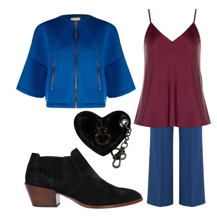 Outfit donna - Luglio. Stile Basic per Serata fuori. Abbinamento con stivaletti, blazer, pantaloni a palazzo, top, portachiavi.