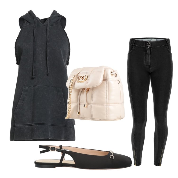 Outfit donna - Luglio. Stile Sporty chic per Serata fuori. Abbinamento con ballerine, felpe con cappuccio, valigie, jeggings.