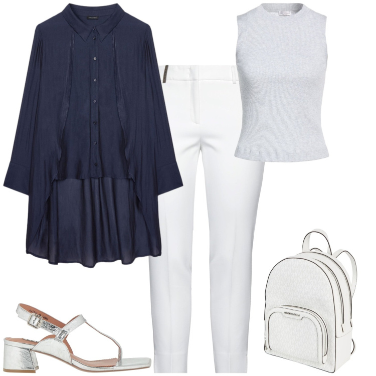 Outfit donna - Casual chic in vacanza. Stile Casual chic per Tutti i giorni. Abbinamento con pantaloni, zaini, top, infradito, camicie.