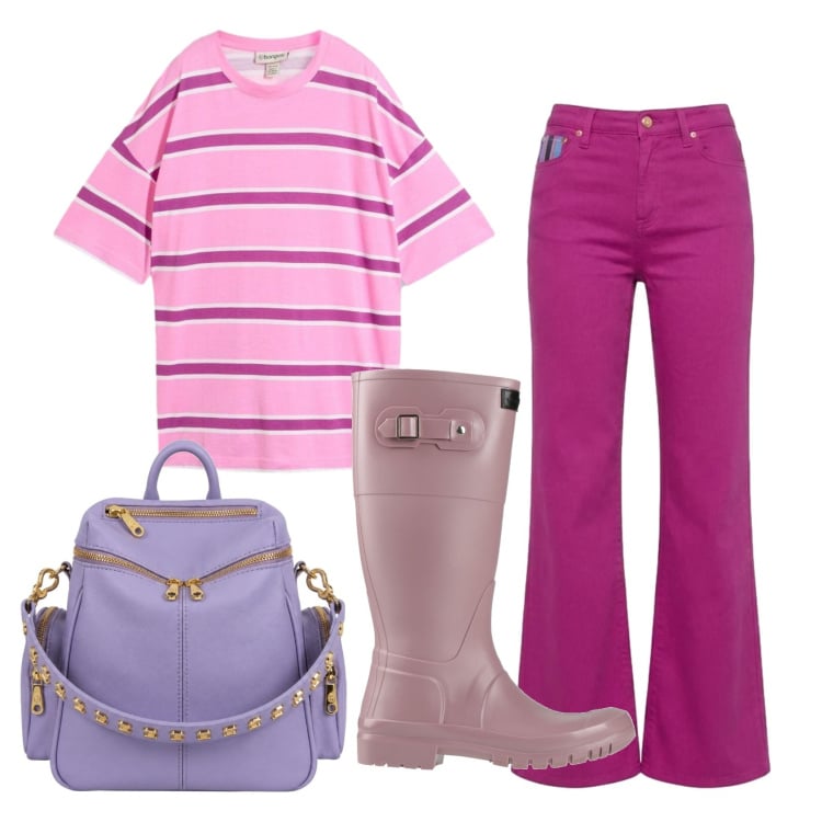 Outfit donna - Total look #2440615. Stile Casual per Tutti i giorni. Abbinamento con stivali di gomma, t-shirt, pantaloni, zaini.