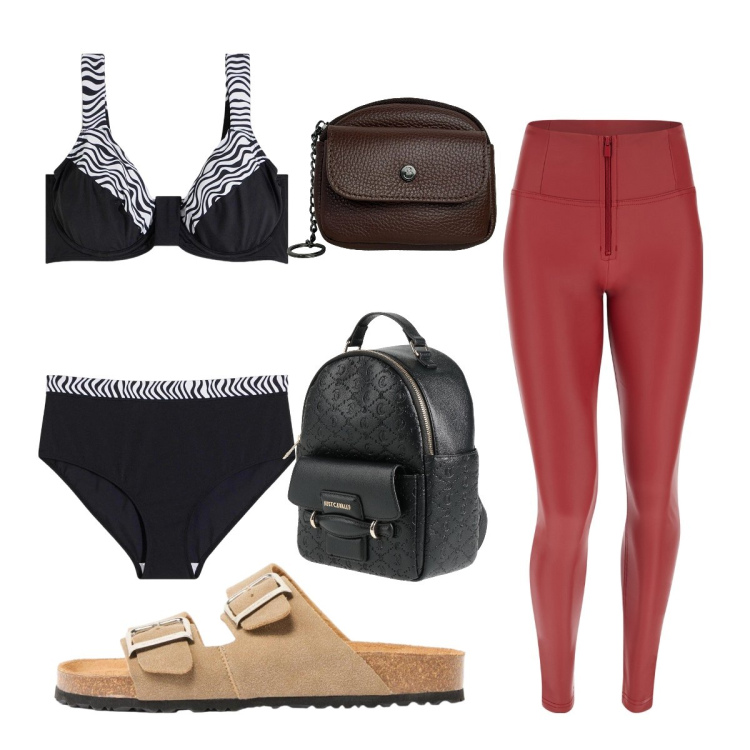 Outfit donna - Bikini raffinato. Stile Sporty chic per Mare. Abbinamento con zaini, bikini, ciabatte, portachiavi, pantaloni skinny.