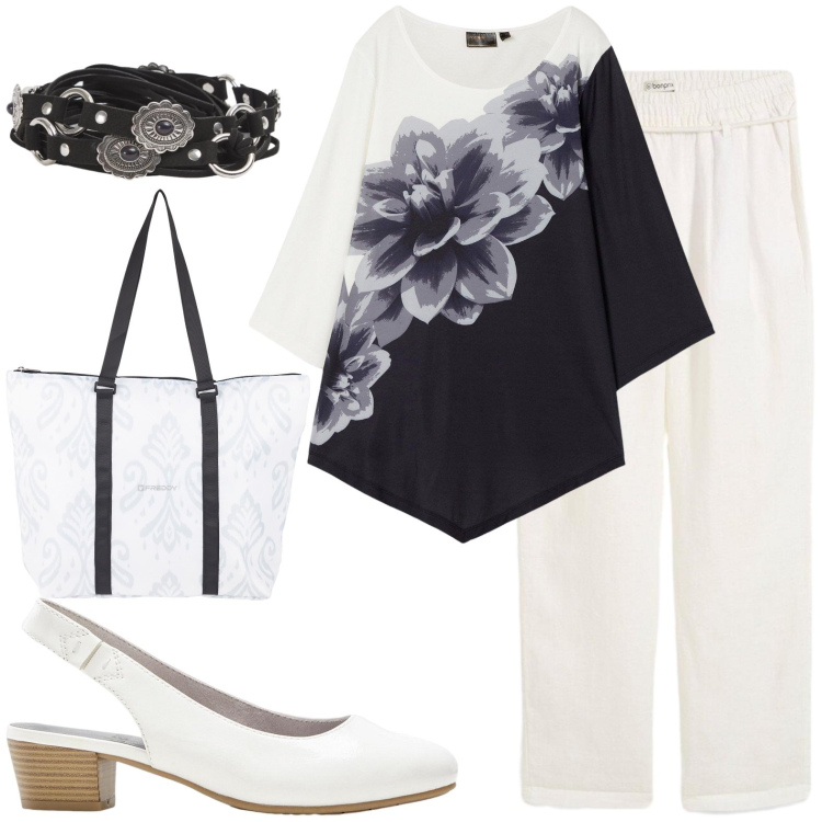 Outfit donna - Casual chic. Stile Casual chic per Tutti i giorni. Abbinamento con pantaloni, bluse, décolleté, cinture, shopping bag.