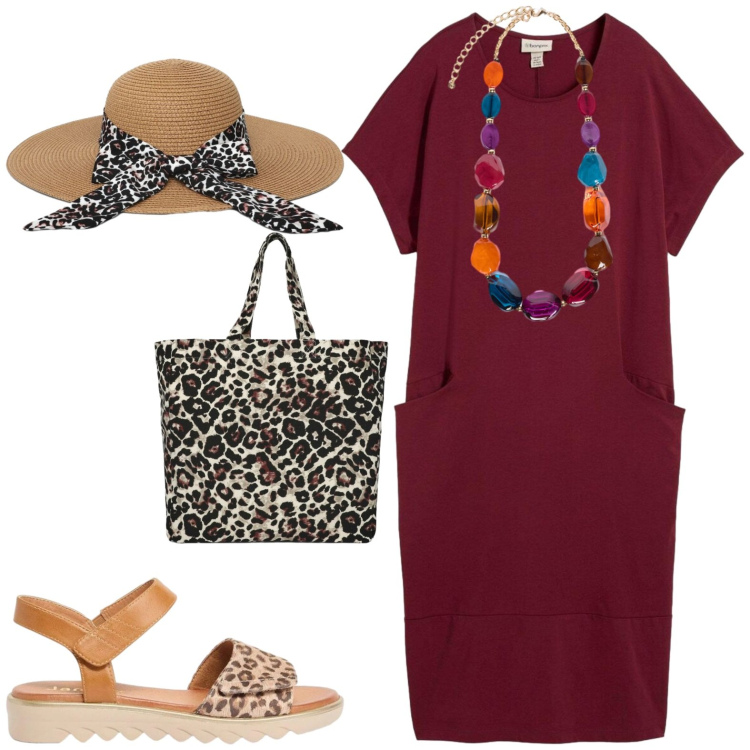 Outfit donna - Al lavoro. Stile Casual per Ufficio. Abbinamento con vestiti, sandali, cappelli, shopping bag, collane.