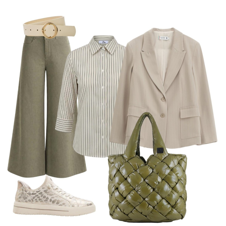 Outfit donna - Easy chic. Stile Casual chic per Tutti i giorni. Abbinamento con sneakers, cinture, pantaloni a palazzo, camicie, borse tote, blazer.