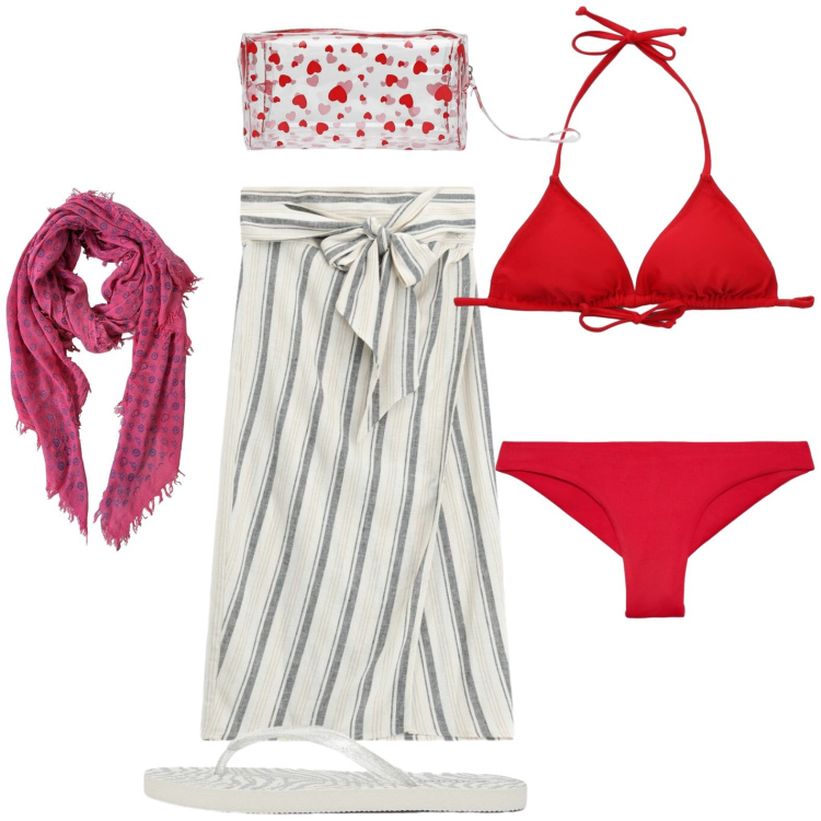 Outfit donna - Spiaggia. Stile Casual per Mare. Abbinamento con sciarpe, bikini, bikini, valigie, infradito, gonne longuette.