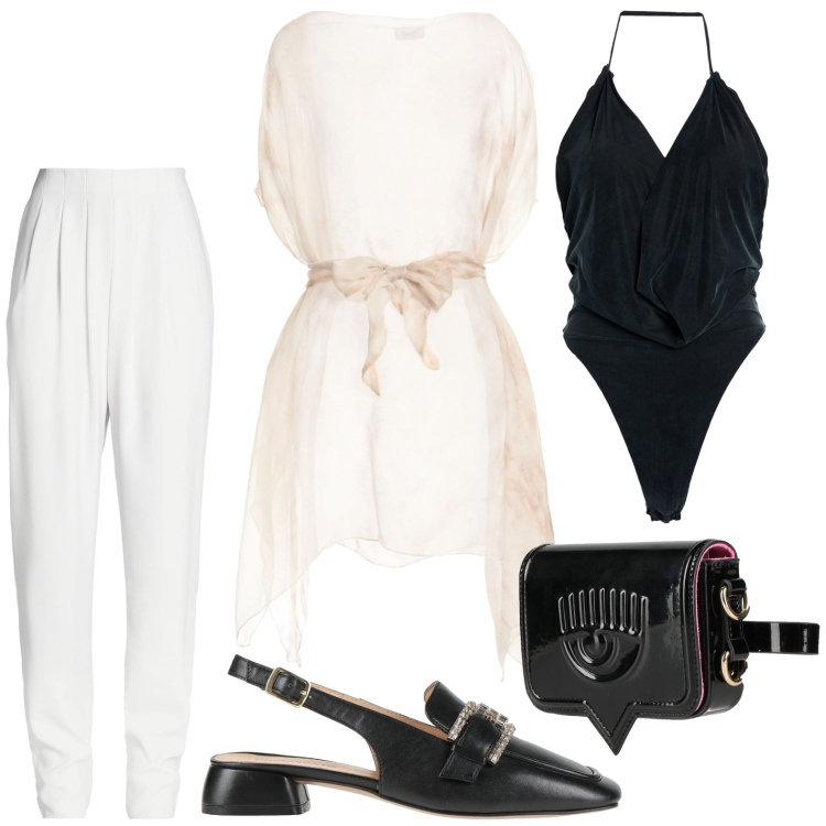 Outfit donna - Aperitivo d’estate. Stile Chic per Serata fuori. Abbinamento con pantaloni, marsupi, décolleté, top, body.